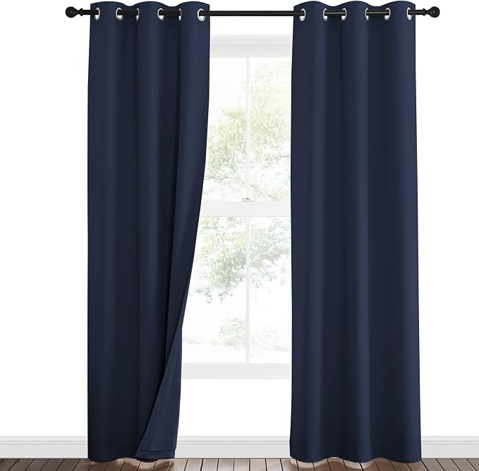NICETOWN Sound Blocking Black Out Curtains for Patio Door, Heavy-Duty Space Divider Curtains for Living Room, Lined Insert Noise, Blackout, Thermal Insulation Drapes for Closet (Navy, 84-inch Long)