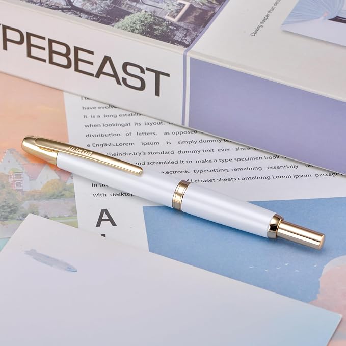 Jinhao 10 Press Fountain Pen with Box, Pearl White Retractable Medium Nib with Ink Converter Set (Golden Clip)