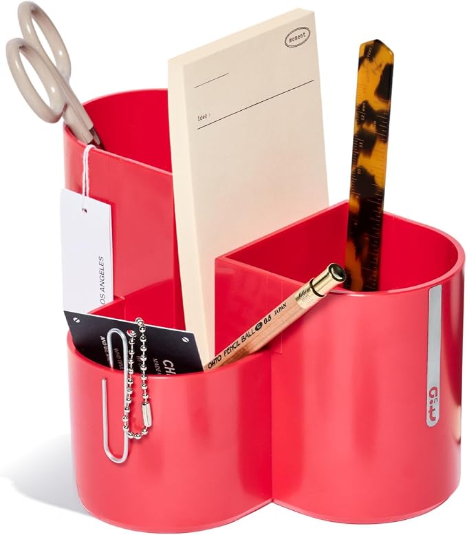 Aesthetic Desk Organizer [Modern Red] - Multi-Compartment Pen Holder & Remote Control Caddy, Modern Vanity Makeup Brush Organizer, Premium Stationery Storage (Made In Korea)