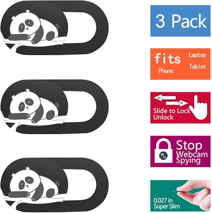 SIREG Webcam Cover Slide Ultra Thin - Web Camera Cover fits Laptop,Tablet,Computer, PC, Smartphone, Protect Your Privacy and Security,Strong Adhesive (Panda-Black & 3 Pack)