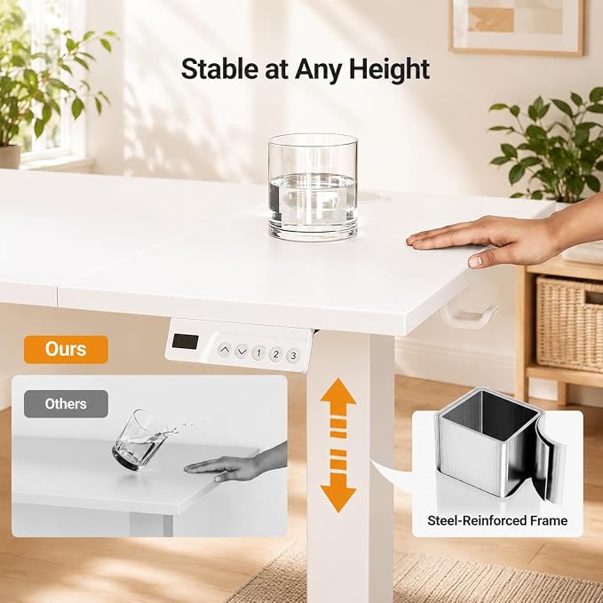 Claiks Electric Standing Desk, 48x24 Inch, White | Adjustable height for sit-stand, 156lbs capacity, scratch-resistant surface, 3 memory presets, cable management & hook.