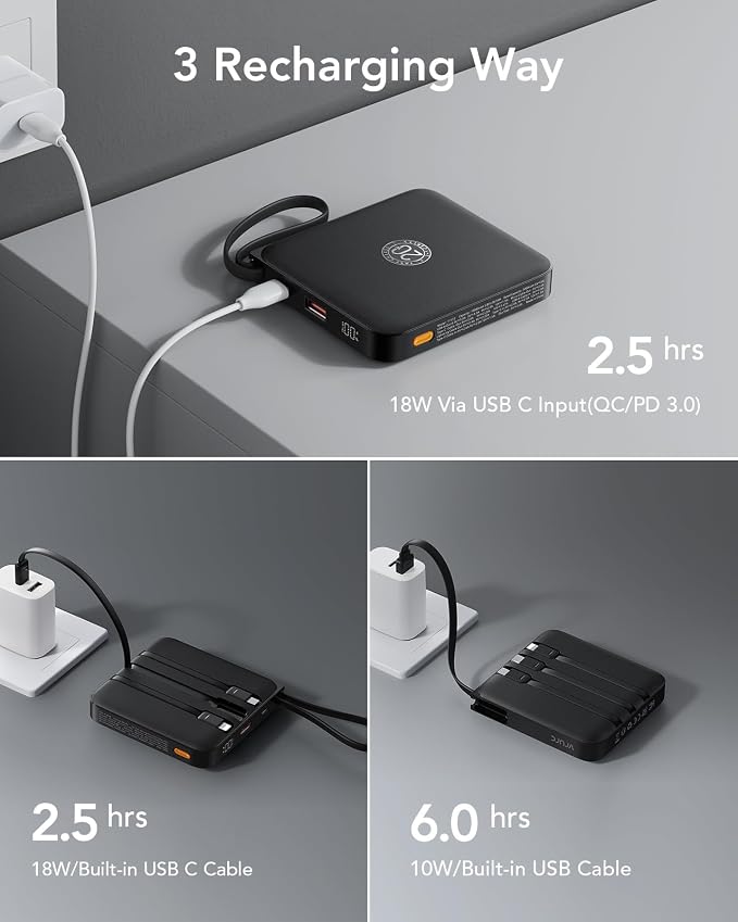 VRURC 20000mAh Portable Charger 20W Fast Charging with Built-in 4 Cables | Travel Essentials, Battery Pack Power Bank for iPhone 17/16/15 Series, Samsung Galaxy S26 Series Android Phone, Black