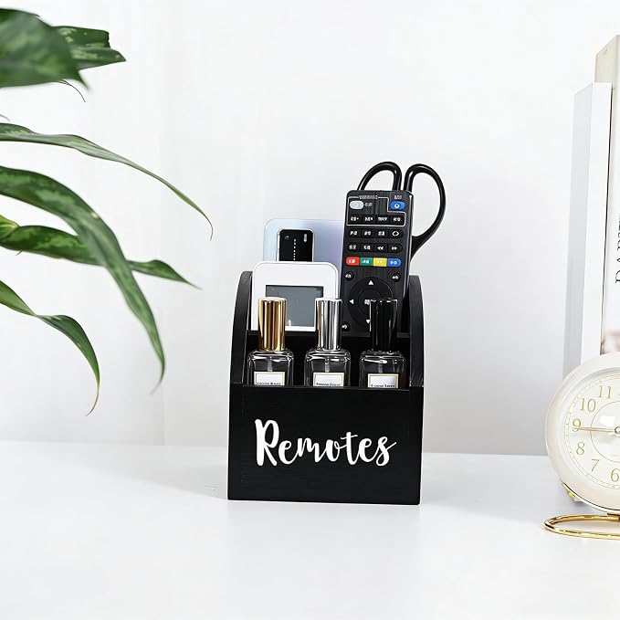 Rustic Vintage Wooden Desk Organizer Farmhouse Wood Remote Control Caddy, 3 Slot Tabletop Desktop Office Supply Storage Rack Desktop TV Remote Control Holder Home Decor Office Supplies Storage (Black)