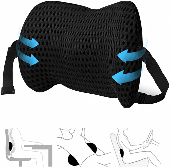 Lumbar Support Pillow for Office Chair – Ergonomic Memory Foam Lower Back Cushion with Breathable 4D Mesh & Adjustable Strap, Back Support for Car Seat, Desk Chair & Gaming Chair