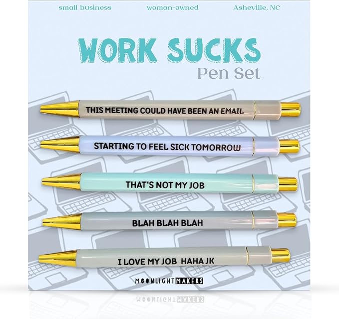 Moonlight Makers Funny Pens and Notepad Stationery Set - 5 Sarcastic Engraved Ballpoint Pens, Black Ink, Funny Office Gifts for Women, Teachers, Coworkers, Novelty Gag Gift Set - Work Sucks Pen