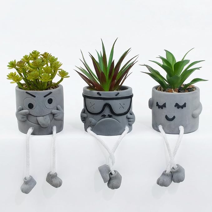 Set of 3 Artificial Succulents Potted Plants Faux Succulents Desk Decoration Fake Mini Plants in Grey Pots Faux Plants Kitchen Shelf Desk Decor Small Bathroom Decor for Shelves