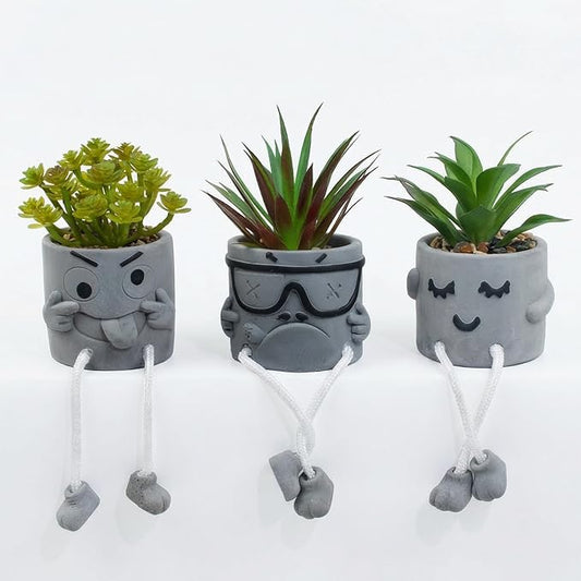 Set of 3 Artificial Succulents Potted Plants Faux Succulents Desk Decoration Fake Mini Plants in Grey Pots Faux Plants Kitchen Shelf Desk Decor Small Bathroom Decor for Shelves