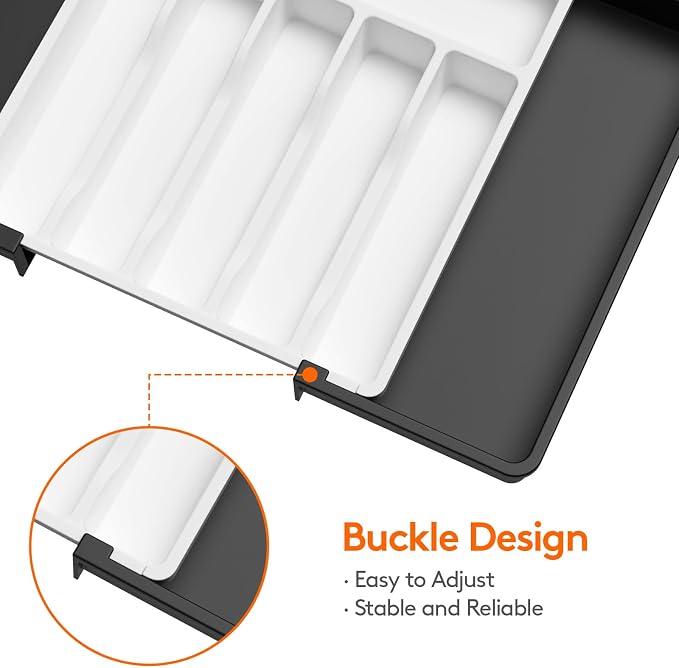 Lifewit Silverware Drawer Organizer, Expandable Utensil Tray for Kitchen, BPA Free Flatware and Cutlery Holder, Adjustable Plastic Storage for Spoons Forks Knives, 13-22 x 15", White&Black