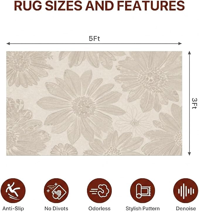 36"x60" Office Chair Mat for Hardwood Tile Floor, Under Desk Carpet Protector for Rolling Computer Chair Mat, Machine Washable Area Rug, Anti-Slip 1/5" Thick Low Pile Thin Vinyl Floor Mat, Dusty Beige