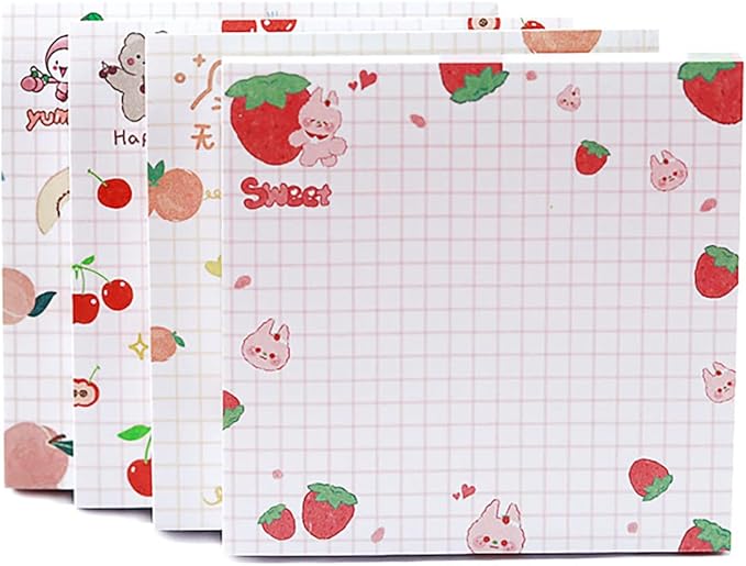 4 Pack Cute Sticky Notes Kawaii Sticky Notes Memo Pad 3.1x3.1 Inches Self-Stick Note Pads Colorful Fruit Sticky Note Pads for Girls DIY Office Home School (320 Sheets), 4 Pads 80 Sheets/Pad