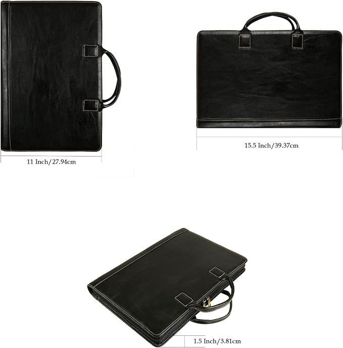 Oil Wax Leather Portfolio, Padfolio Organizer with Handle, Personalized Padfolio，Padfolio With Zipper for Men Women，Suitable for 15-inch Laptop Legal Pad Padfolio, Black