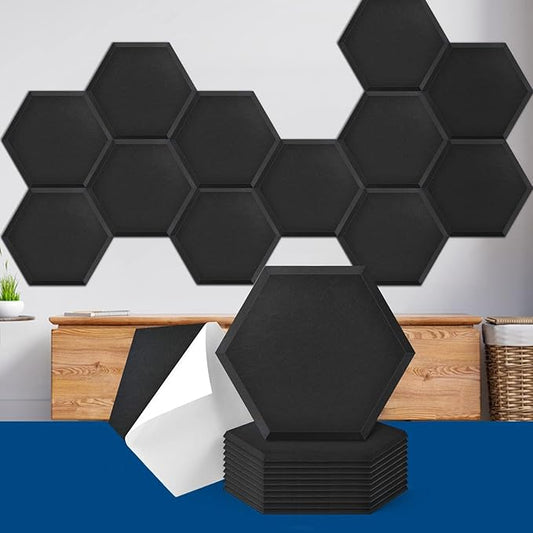 Art3dwallpanels Self Adhesive 12 Pack Acoustic Panels, 14" X 12" X 0.4" Soundproof Wall Panels, High Density Sound Absorbing Panels Hexagon Beveled Edge Sound Dampening Panels, Studio Treatment Tiles
