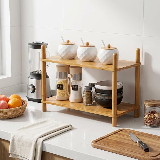 2-Tier Expandable Bamboo Desktop Organizer Shelf Kitchen Cabinet and Counter Riser Display Shelf for Top of Desk Home Office Bathroom Coffee Table Display Stand
