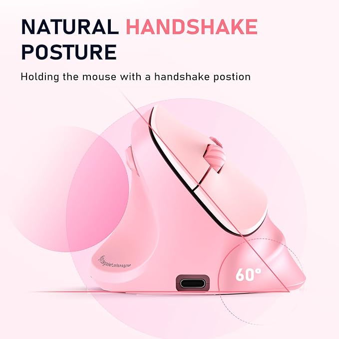 MEETION Left-Handed Mouse, Ergonomic Mouse Wireless Vertical Mouse, RGB Rechargeable Mice for Bluetooth(5.2 + 3.0) & USB, 4 Adjustable DPI for Mac/Windows/PC/Tablet/iPad Pink