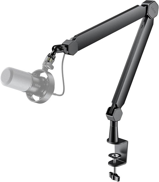 FIFINE Mic Arm Stand, Microphone Boom Arm with Desk Clamp, Cable Channels, 3/8" to 5/8" Threads, Heavy Metal Microphone Stand for Podcast, Vocal Recording, Gaming-BM66 Black