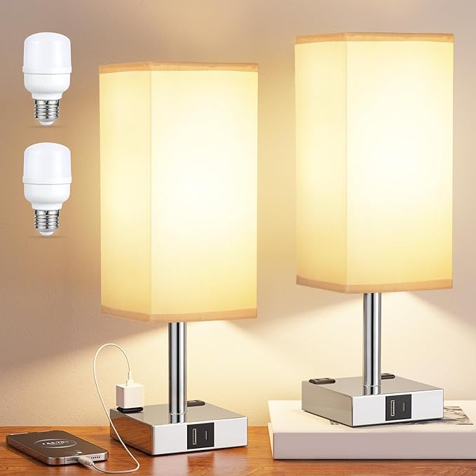 Touch Bedside Table Lamp Set of 2-3-Way Dimmable Night Lamp with USB A + Type C Charging Ports and Two AC Outlets, Small Desk Light with E26 LED Bulb for Bedroom Living Room Dorm Office