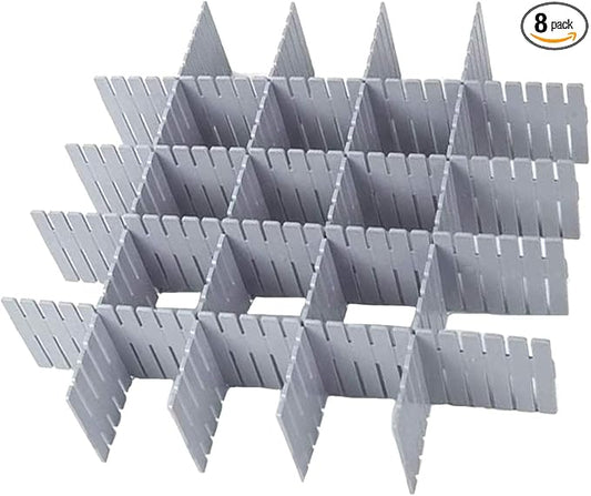 Onerbuy 8pcs Adjustable Grid Drawer Dividers DIY Plastic Closet Separator Tidy Organizer Container for Underwear Socks Belt Office Supplies(Grey)