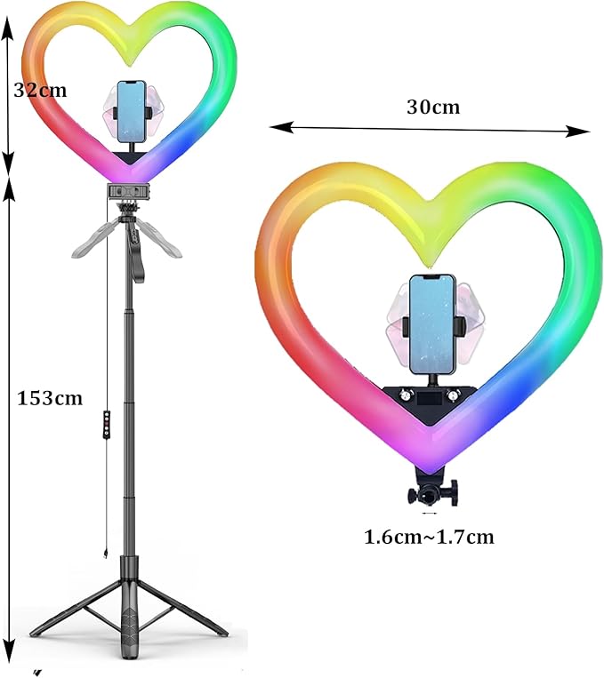 Heart Ring Light, 13" Desk Ring Light with Extendable Selfie Stick Stand for Laptop Video Conference Lighting with Phone Holder Height Adjustable 47 Color Modes for Live Stream/Makeup Compatible