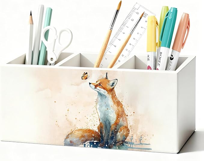 Fox Pen Pencil Holder for Desk Accessories, Fox Gifts for Women, Animal Lovers Gifts, Rustic Butterfly Wild Animal Wooden Box Sign Decorations for Kids Room Home Office Desk Tabletop