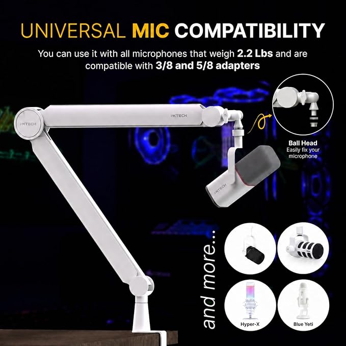 IXTECH Mic Arm White Premium Boom Arm 360° Rotatable Microphone Arm Stand with Desk Mount Fully Adjustable Sturdy and Universal VALIANT WHITE Model