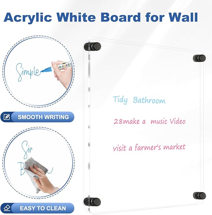 Clear Acrylic Dry Erase Board, 12" X 14" Black Non-Magnetic Frameless Clear White Board for Wall, Erasable Acrylic Board for Wall, Home, Office, School, 2 Markers