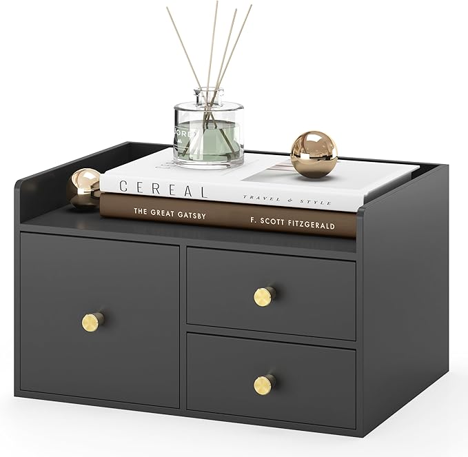 Bamboo Desk Organizer with Drawers,Wooden Desktop Storage (Black,3 Drawers) | 100% Bamboo 3 Pull-Out Drawers No Assembly Required Space-Saving Design