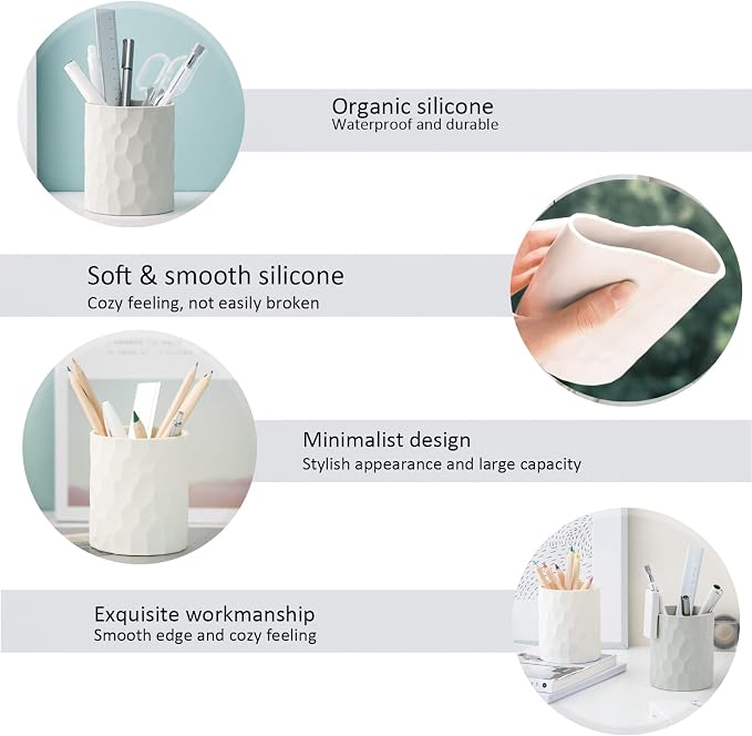 minimaliving Pen Holder,Nordic Style Silicone Waterproof Pencil Holder for Desk Simple&Modern Minimalist Makeup Organizer Multifunctional Office Supplies for Home,Kids and School(Beige)