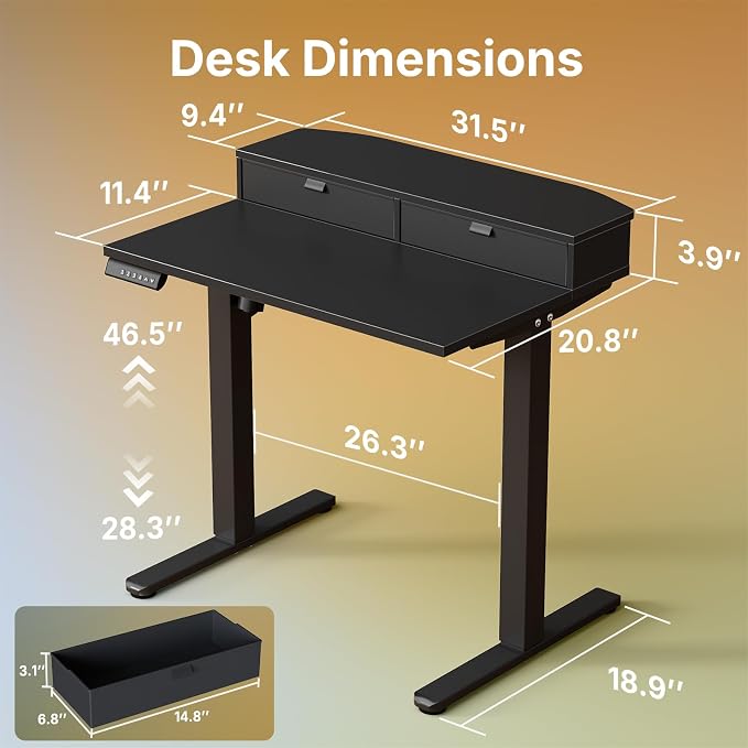 HUANUO 32 x 21 inch Small Electric Standing Desk with 2 Drawers, C-Clamp Mount Compatible, Height Adjustable Sit Stand Desk, Home Office Stand Up Desk with 4 Memory Height Settings, Black