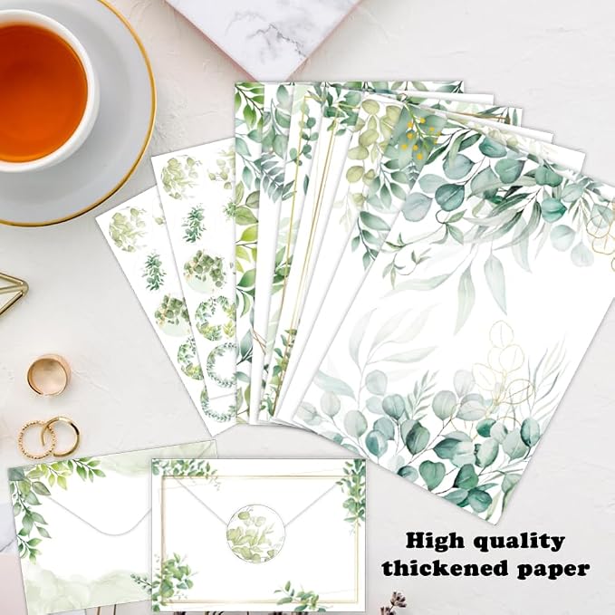 Stationery Paper Envelopes Set 160 Pcs - 50 Lined Writing Paper, 50 Envelopes, 60 Dot Stickers, Vintage/Floral/Leaf/Watercolor Multi-Style Options (STATIONERY-160PCS-LEAF)