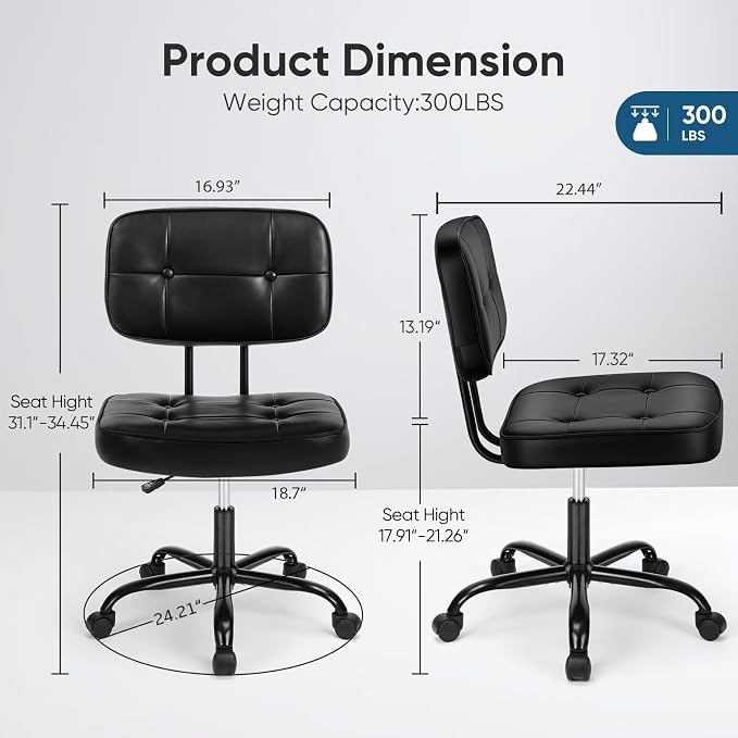 DUMOS Armless Office Desk Chair, Small Vanity Chair with Lumbar Support | PU Leather, 360° Rolling Swivel, Height Adjustable, Fit Computer Task, Bedroom Living Room, Black
