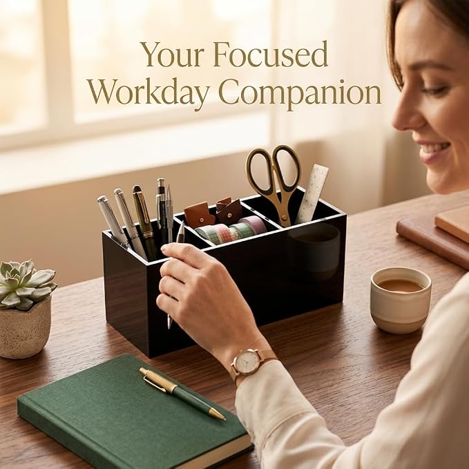 Black Acrylic Pen Holder for Desk, 3 Compartment Desktop Organizer & Pencil Cup, Makeup Brush Holder for Countertop, Multi-functional Pen Pencil Brushes Holders Caddy (Glossy Black)
