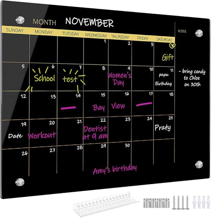 Okydoky Glass Dry Erase Whiteboard,Monthly Calendar Whiteboard,12" x 16",Frameless Glass White Board for Home,School,Office,Black Surface(GlassA-BK-3040)