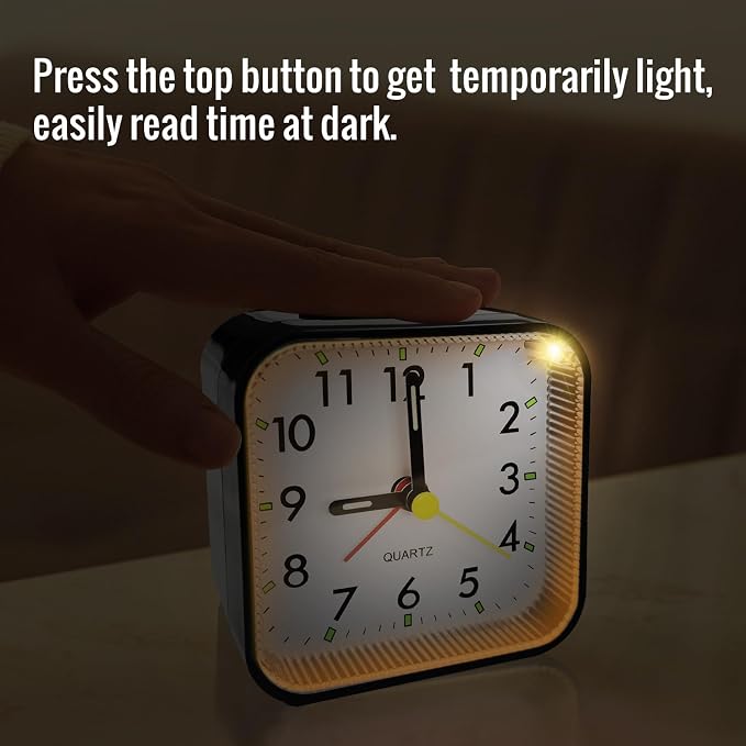 Lamisola Small Analog Travel Alarm Clock, Battery Operated Desk Table Shelf Clock for Kids, Quieter Bedside Alarm Clocks for Bedrooms Bathroom Living Room Kitchen, Black