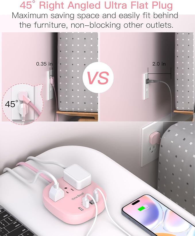 10Ft Flat Plug Power Strip, Pink Flat Extension Cord - 3 Outlets 4 USB Ports (2 USB C) Desktop Charging Station, Cruise Ship Power Strip with No Surge Protection for Travel, Dorm Room Essentials
