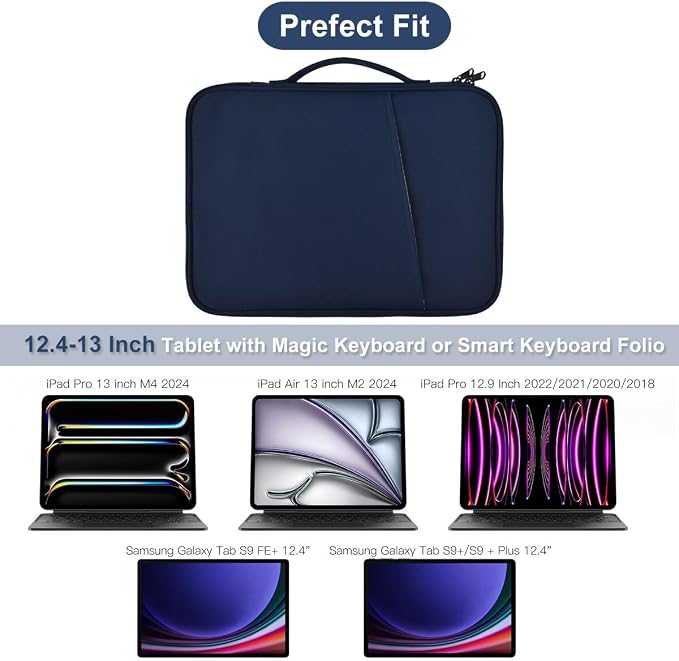 12.9 Inch Tablet Carrying Bag for Samsung Galaxy Tab S9+ Plus/S8+/S7+ Plus/S7 FE 12.4" & 13 inch iPad Pro M5 M4, iPad Air M4 M3 M2 2026-2024, Surface Pro 11 Snapdragon,10,9,8,X,7+,7,6 Sleeve Case-Blue