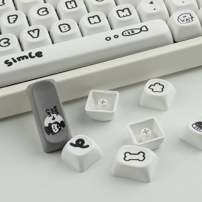 Sunzit PBT MOA Keycaps, Cute White Keycaps, 131 Keys, Dye-Sublimation Custom Keyboard Keycap Set for 61/64/68/84/87/100/104/108 Cherry MX Mechanical Keyboard, Cat and Dog