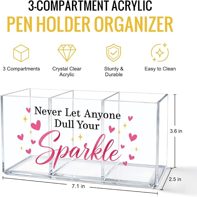 3 Compartment Pink Acrylic Pen Holder for Desk, Never Let Anyone Dull Your Sparkle Desk Organizer Decor, Back to School Inspirational Quote Gifts for Women Girl Coworker Sister Daughter Teacher