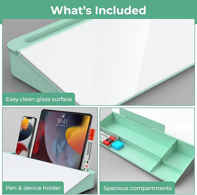 Chalkola Green Glass Desktop Whiteboard with Storage - Dry Erase Board, Work Desk Organizers, Computer Keyboard Stand, Home Office Desk Accessories, Workspace Desktop Buddy