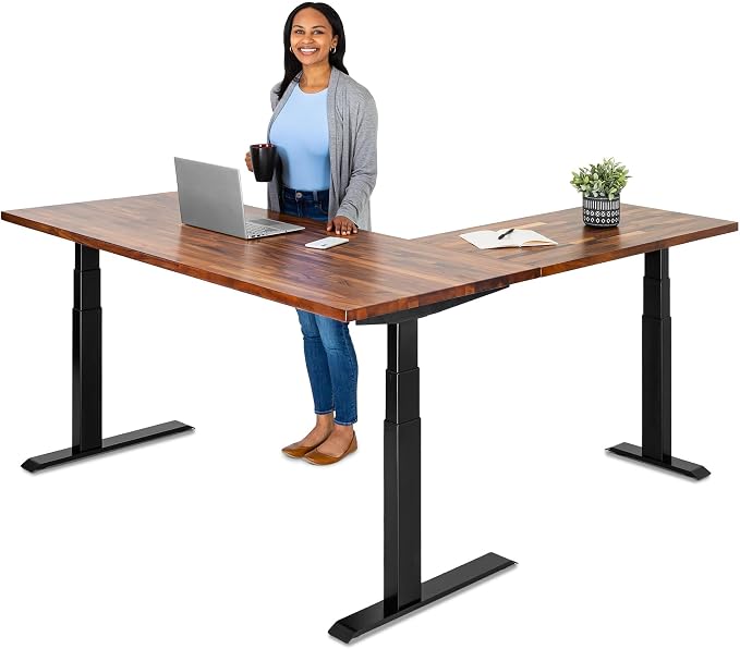 S STAND UP DESK STORE Triple Motor Electric L-Shaped Corner Standing Desk with EZ Assemble Frame (Black Frame/Solid Walnut Top, 71 inch W x 71 inch D)