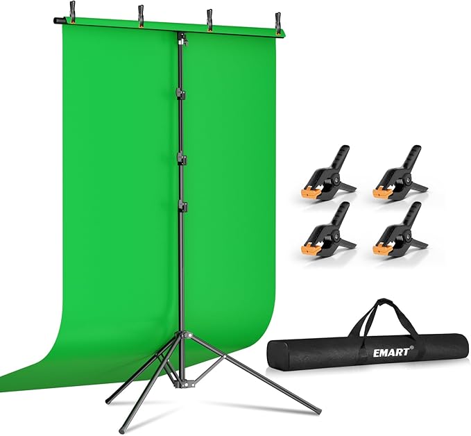EMART Green Screen Backdrop Kit with Reverse Folding Base, 5x10ft Photo Greenscreen Background with Portable T-Shape Stand and 4 Clamps for Photography, Photoshoot, Studio Video Recording, Streaming