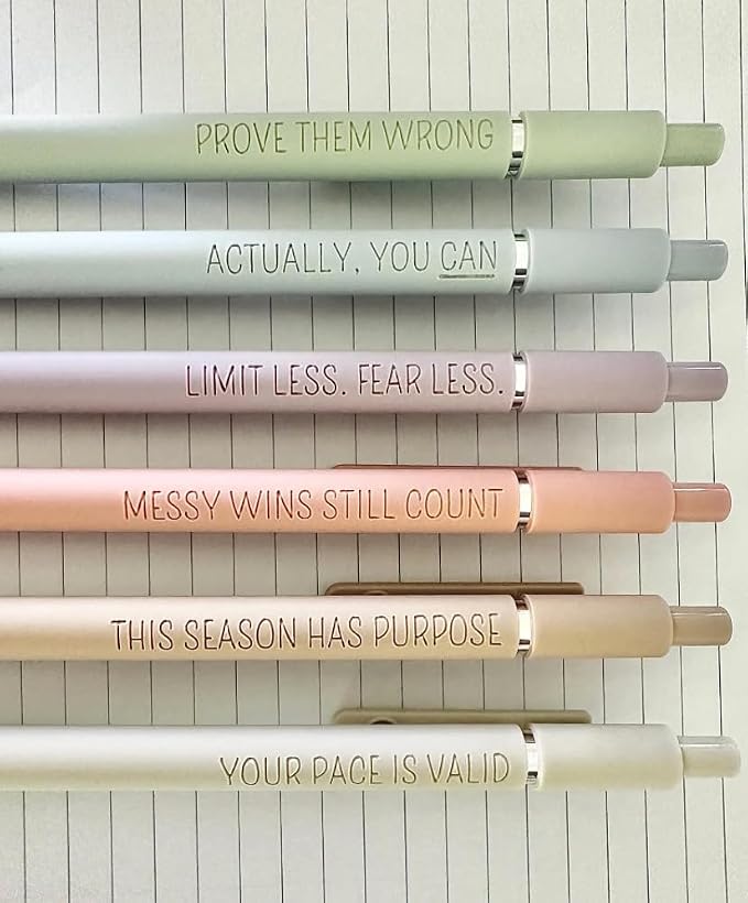 6-Pen Set | Motivational Mantras Soft-Touch Engraved Gel Pens｜Words of Empowerment Uplifting Affirmation for Her Graduation Birthday｜Office Supplies (Silver Pastel)