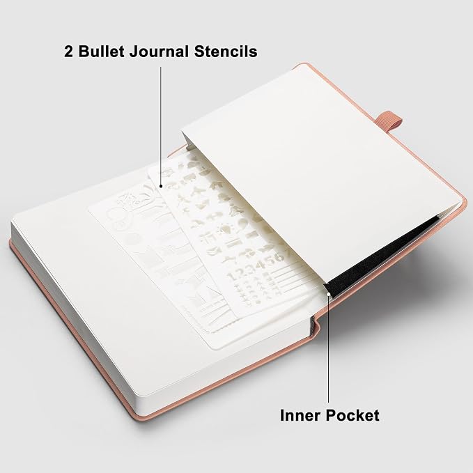 RETTACY Dotted Journal Notebook, 2-Pack, 160 Numbered Pages per Pack, A5 Medium Size (5.7'' x 8.3''), 120 GSM Thick Paper, Leather Hardcover, for Journaling, Planning, Tracking (Black & Pink)