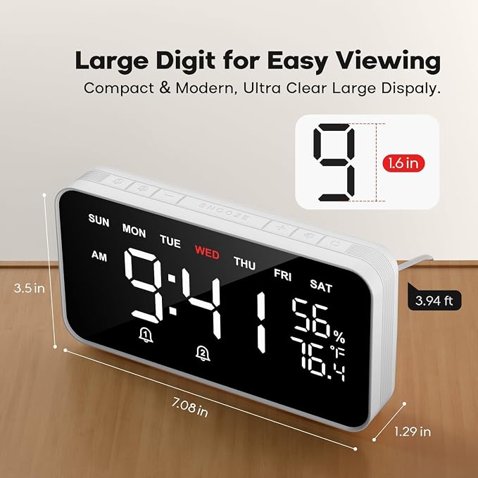 Dekala Digital Alarm Clocks for Bedrooms, Loud Alarm Clock for Heavy Sleepers, Temperature & Humidity Detect, Dual Alarms Weekday/Weekend Mode, Large Display Auto Dimmer, Sleep Sound，9 Ringtone