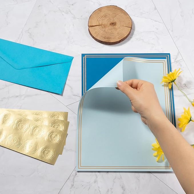 50 Pack Colored Stationery Set, 5 Colors #10 Business Envelopes, 50 Sheets 8.5x11 Paper Sheet and Gold Stickers for Office, Letters, Invitations (Blue)