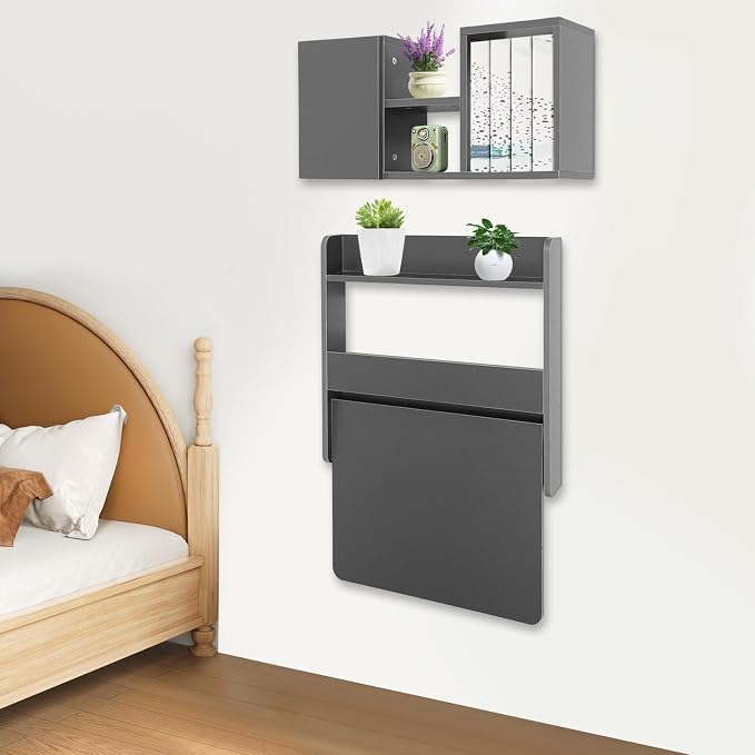 Floating Desk, 24" Wall Mounted Folding Desk with Bookshelf Folding Wall Desks Space Saving Workstation with Storage Shelves for Home Office Bedroom Study Room Small Space