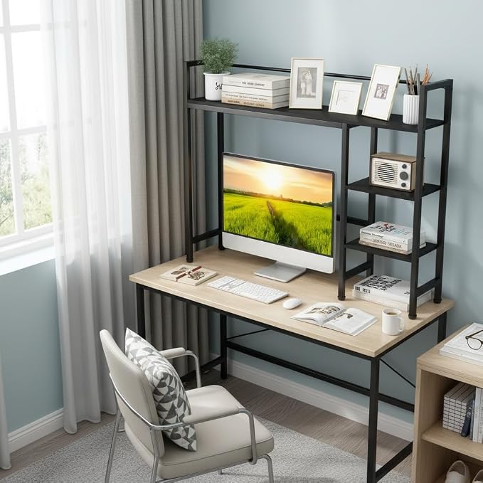 Tangkula 4-Tier Desktop Bookshelf, 38.5" Dorm Desk Hutch, Black | Tabletop Hutch for Computer Monitor, 4 Open Storage Shelves, Anti-tip Device, Desktop Display Shelves for Home Office