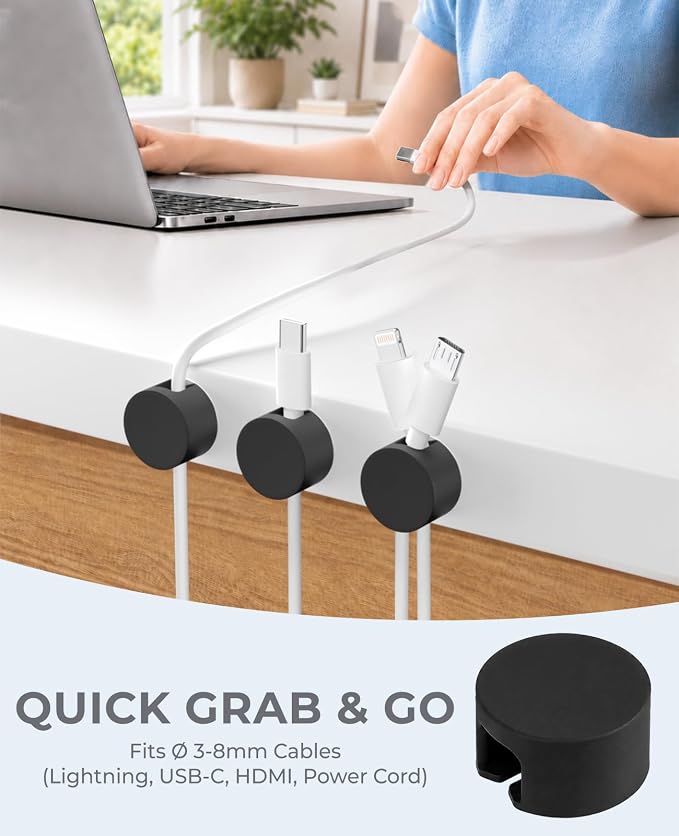 Magnetic Cord Organizer, 8 Pcs Cable Holders for Large Cords, Black | Organize USB Wires, Laptop Chargers, Dashcam, Car Phone Lines, Kitchen Appliance Plugs, Home & Workspace Wire Organizers