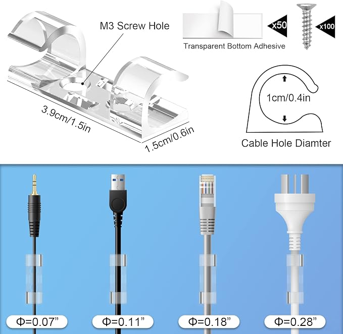 50 Cable Clips, Clear Cord Organizer, Cable Management Desk Wall | Self-Adhesive with 100 Screws for Damage-Free Mounting on Wood Glass Metal and Painted Surfaces