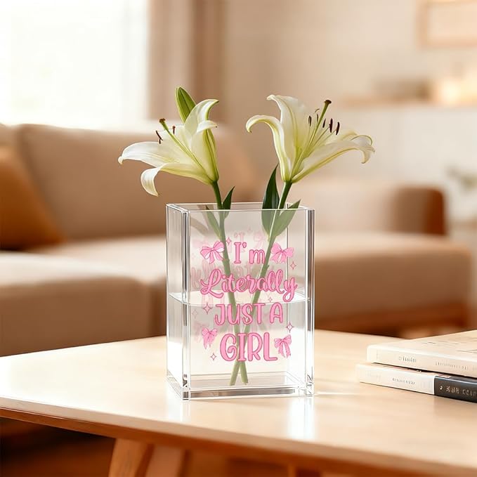I'm Literally Just A Girl Acrylic Cosmetic Organizer Pen Holder, Funny Acrylic Desk Holder Cup for Pen Pencil, Cute Office Gifts for Women Coworker, Pink Birthday Gifts for Bow Lover Daughter