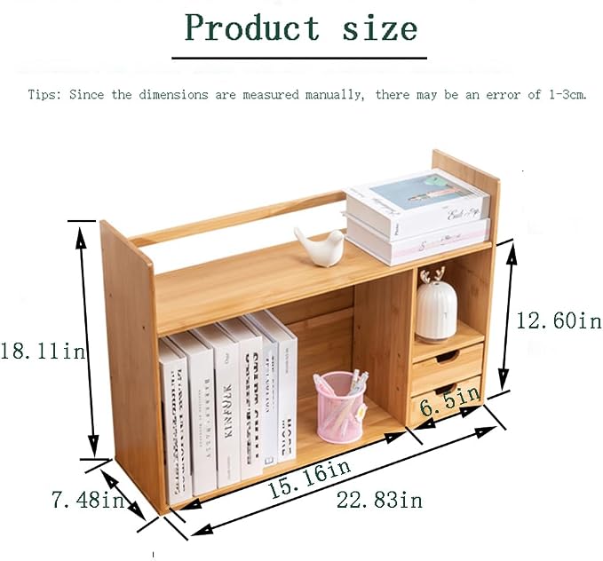 Bamboo Desktop Bookshelf 2-Tier Desk Organizer with Drawers | 22.8"x7.5"x18.1" size with rounded corners, fit office dorm bedroom; holds books & stationery, easy to assemble